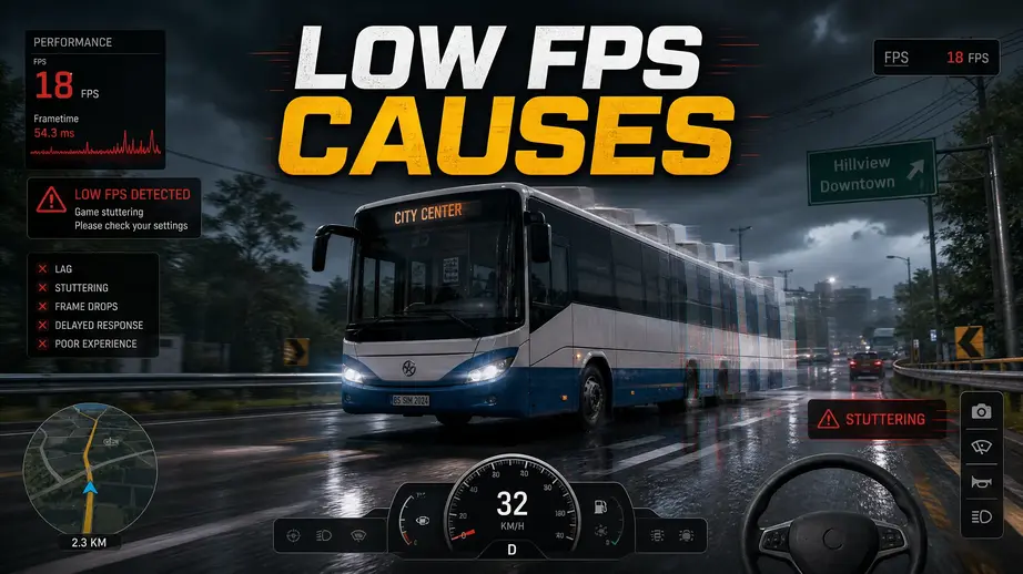 Bus simulator game screen with low FPS and lag indicators.