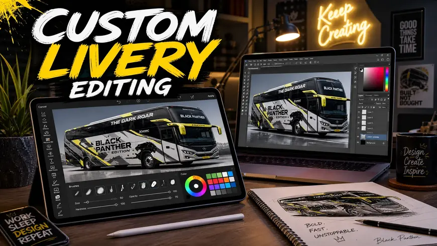 Photoshop aur PicsArt jaise tools ke zariye livery banane ka amal.