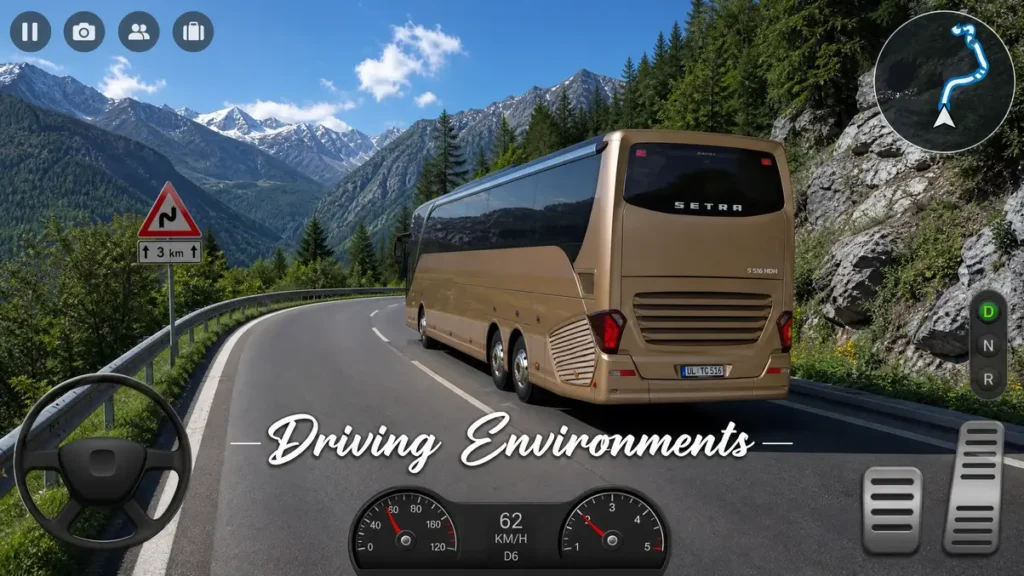 A luxury coach bus driving on a scenic winding mountain road under a clear blue sky in a bus simulation game.