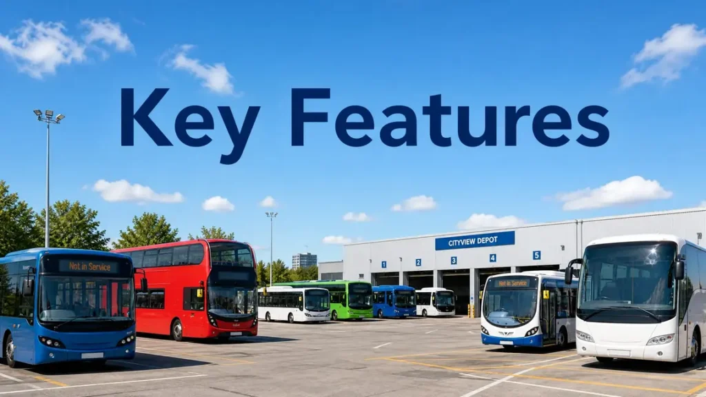 A large bus depot with many buses parked, highlighting key simulator features.