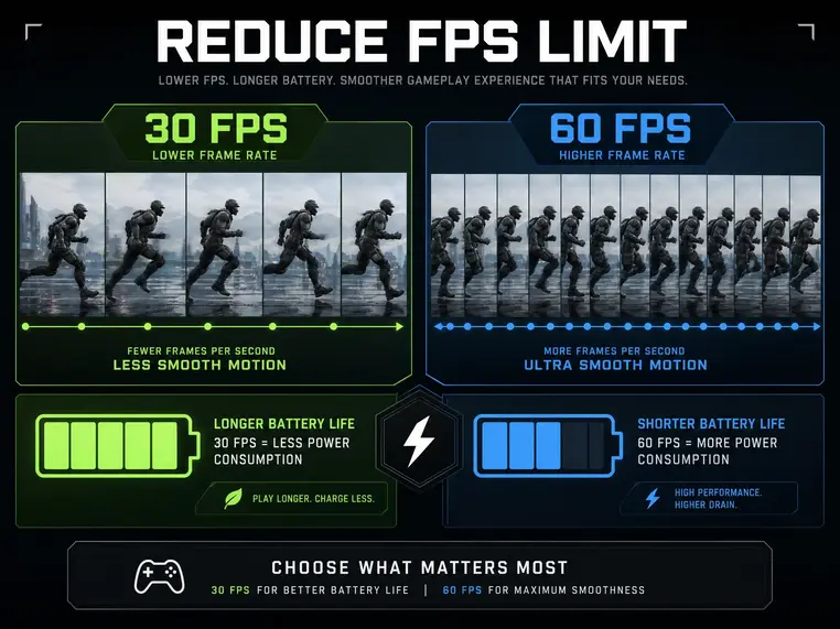 Infographic comparing 30 FPS and 60 FPS battery usage.