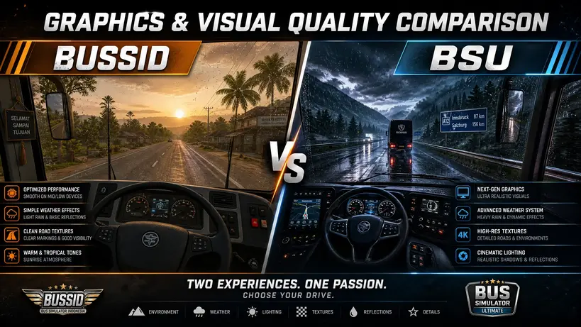 Interior dashboard comparison between Bus Simulator Indonesia and Bus Simulator Ultimate showing differences in lighting and textures.