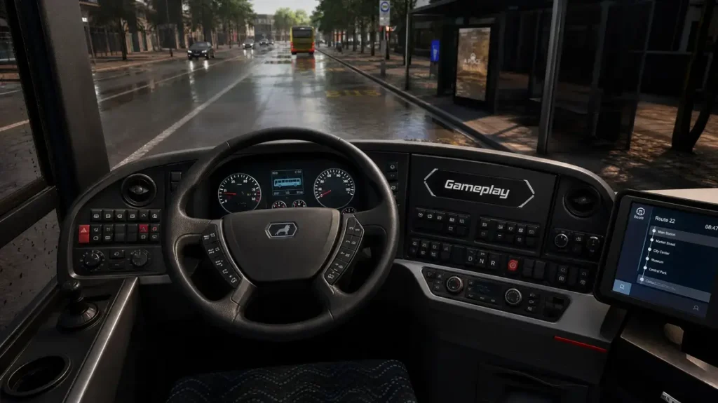Interior view of a bus driver's cockpit showing realistic gameplay controls.