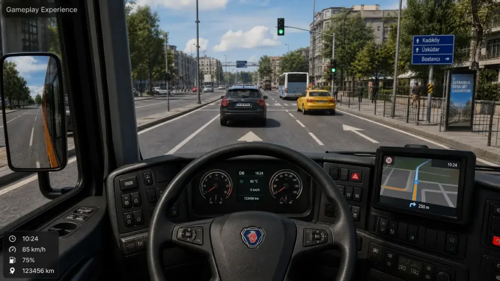 First-person driver's view from inside a bus simulation game showing the dashboard, steering wheel, and city traffic.