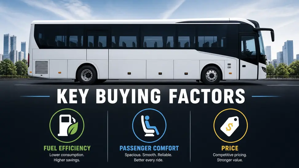 Infographic of bus buying factors: fuel, comfort, and price.