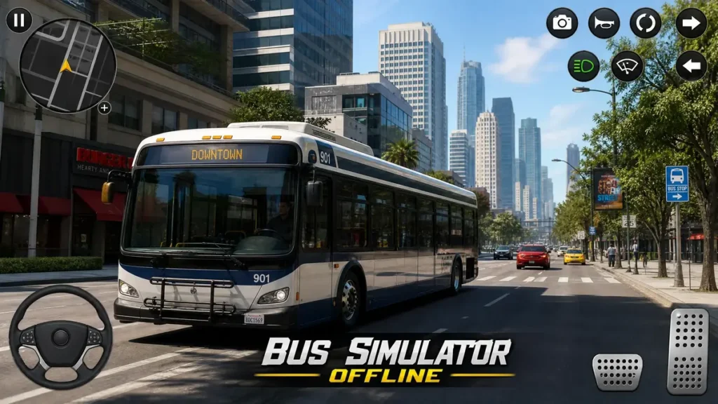 A modern city bus driving on a sunny urban street with skyscrapers in the background, titled Bus Simulator Offline.