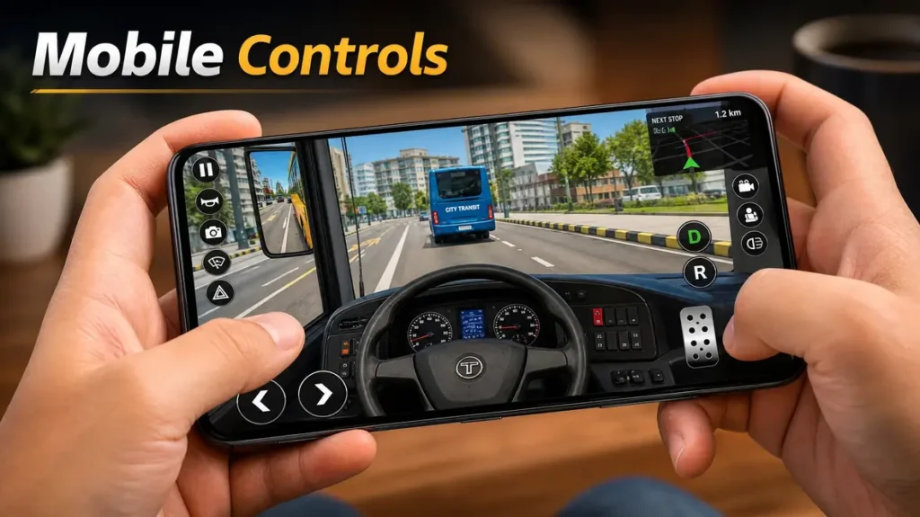 Close-up of hands holding a smartphone playing Bus Simulator with 'Mobile Controls' overlay text.