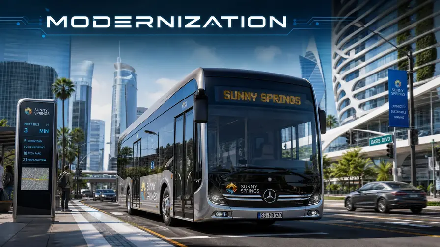 A sleek modern bus in a high-tech city setting with the text 'MODERNIZATION'.