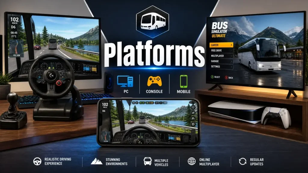 Bus simulator game displayed on a PC monitor, TV console, and smartphone.