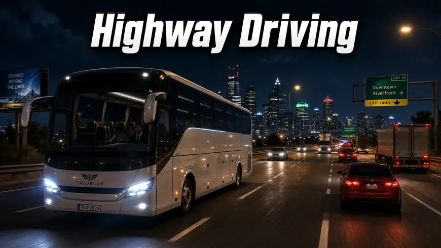 Raat ke waqt city highway par chalti hui ek long-distance coach bus ka khoobsurat manzar.