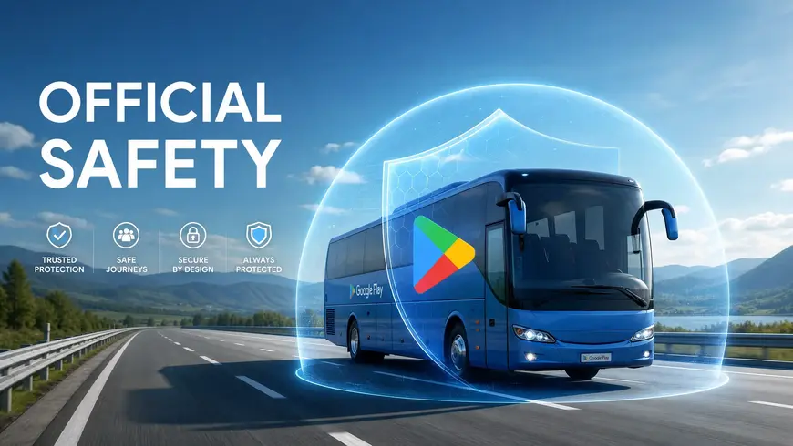 Official Bus Simulator version protected by a digital shield and Google Play logo.