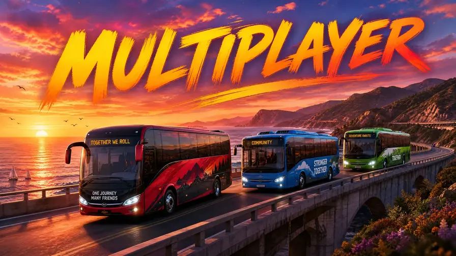 Multiple buses driving together in Bus Simulator online multiplayer mode.