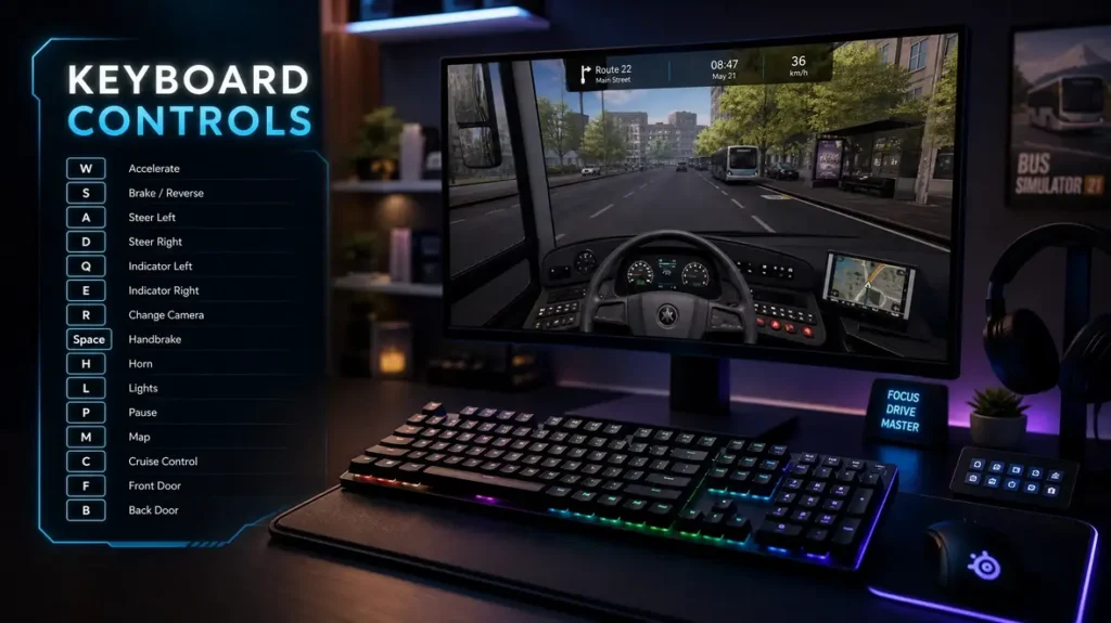 A professional mechanical keyboard setup with a monitor showing a bus cockpit and 'Keyboard Controls' text.