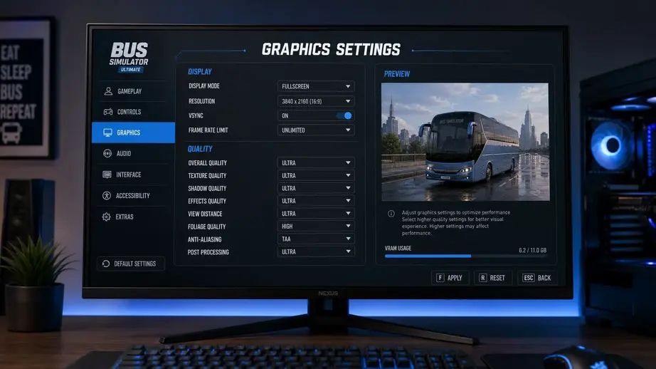 Detailed graphics settings menu on a gaming monitor.