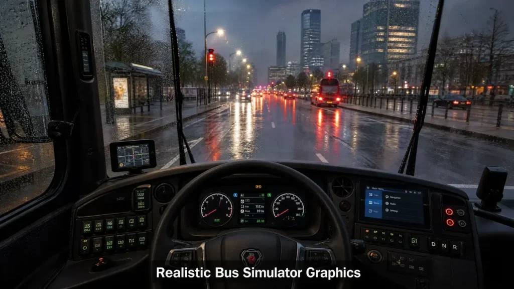 Realistic bus cockpit view in rainy night.
