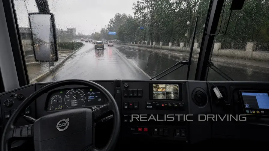 Interior view of a bus cockpit showing realistic driving simulation and rainy weather.