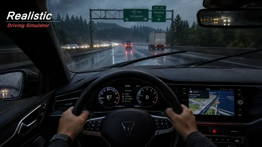 Realistic Driving Simulator interior cockpit view in rain