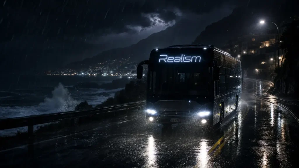 A bus driving on a wet road during a night rainstorm, showcasing game realism.