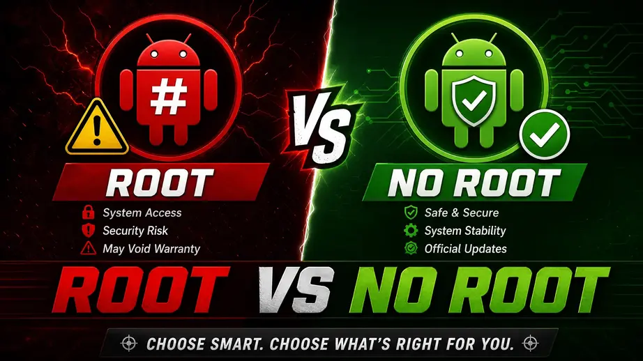 A comparison graphic between Root and No Root Android systems with checkmarks and warning signs.