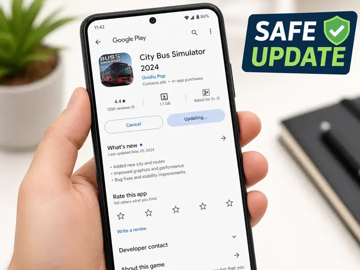 Smartphone screen showing a safe game update for Bus Simulator Ultimate via Google Play
