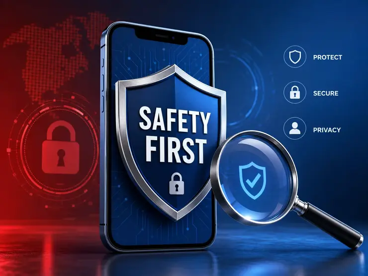 Smartphone with security shield and magnifying glass.