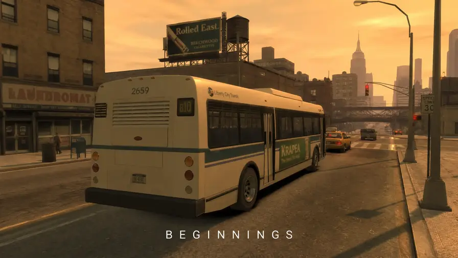 A vintage city bus driving in a basic urban environment with the text 'BEGINNINGS'.