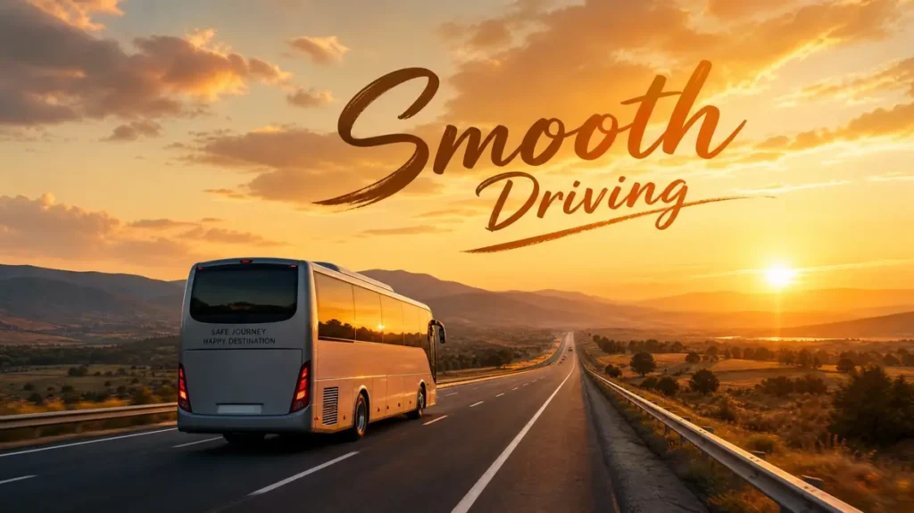 A wide-angle cinematic shot of a bus on a highway during sunset with 'Smooth Driving' artistic text.