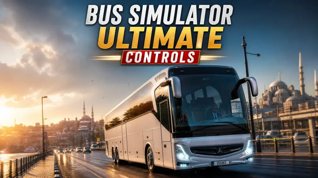 Luxury bus driving in city at dawn