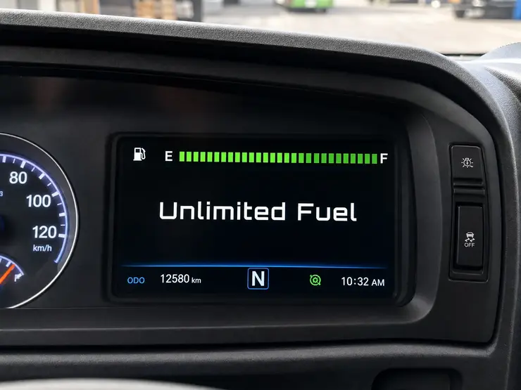 Bus digital dashboard showing 100% full fuel.