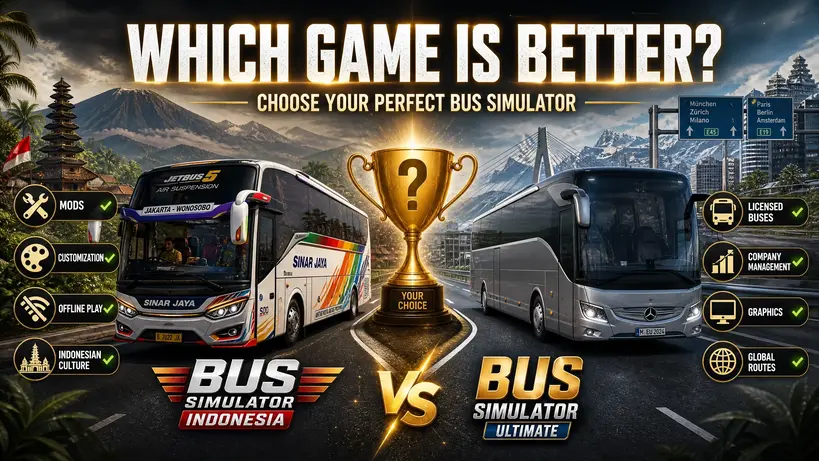 Final verdict comparison graphic for BUSSID and BSU showing a golden trophy and feature checkmarks for both games.