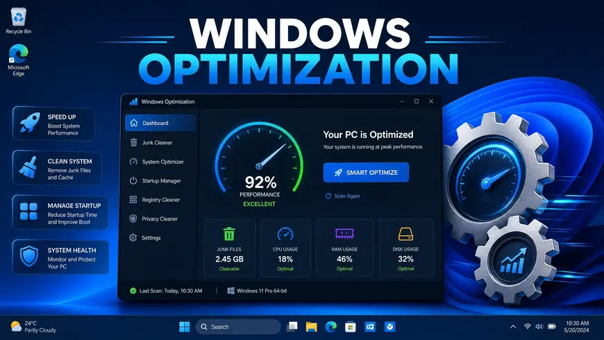 Windows optimization interface with performance gear icons.