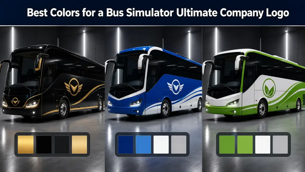 Three Bus Simulator Ultimate buses showing black and gold, blue and white, and green and white logo color combinations.