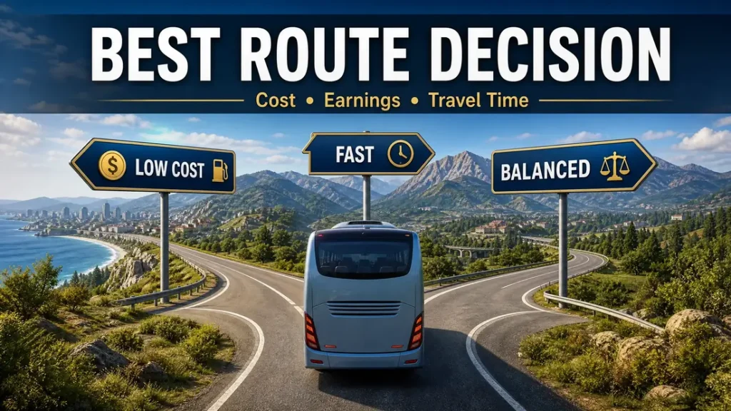 Bus Simulator Ultimate route decision comparing cost, earnings, and travel time