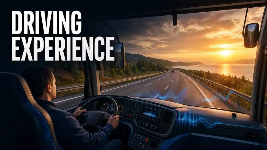 Driver listening to radio on a scenic highway route.