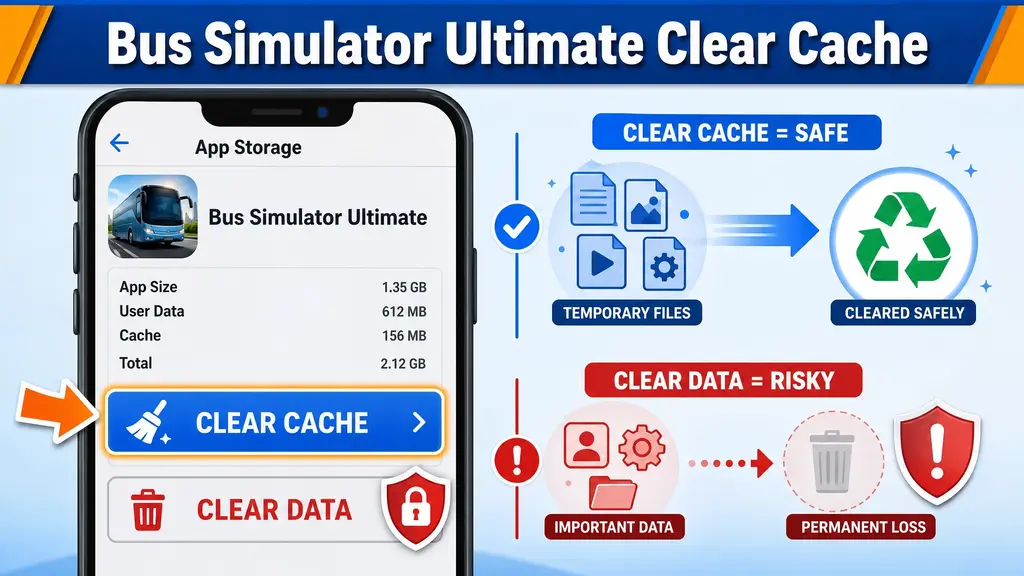 Bus Simulator Ultimate clear cache option highlighted while the clear data option is marked as risky