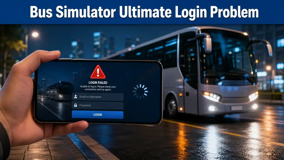 Bus Simulator Ultimate login problem shown on a smartphone with a failed login warning