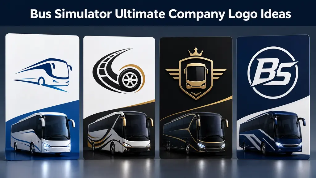 Four original Bus Simulator Ultimate company logo ideas displayed with different bus branding styles