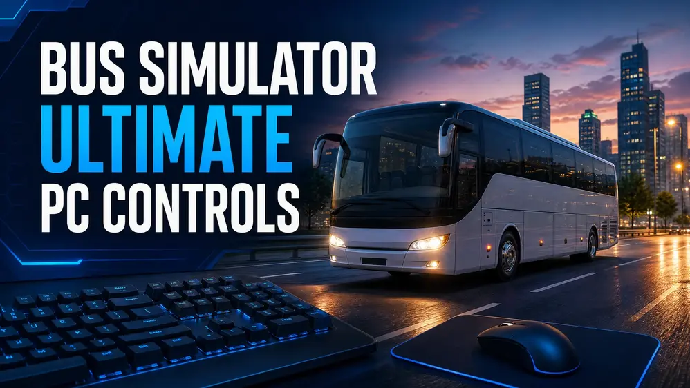 Bus Simulator Ultimate PC controls with a bus and keyboard on a Windows gaming setup.