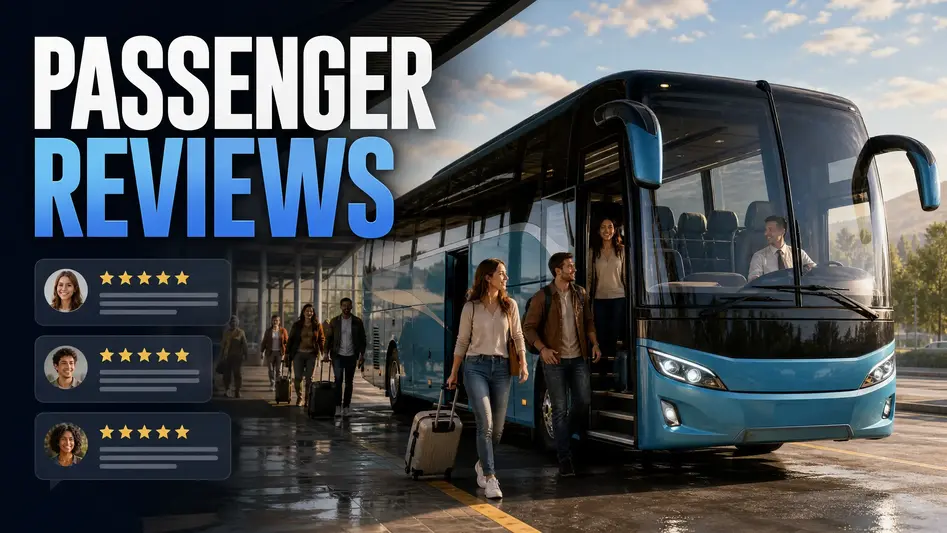Bus arriving as passengers leave positive reviews.
