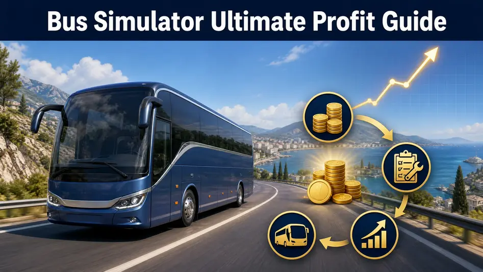 Modern Bus Simulator Ultimate coach bus with coins and a rising profit cycle on a scenic road.