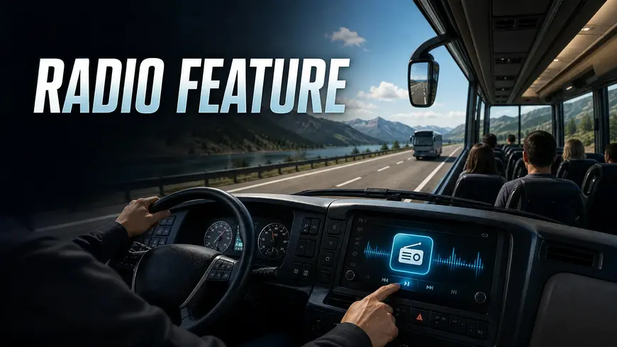 Bus cockpit showing the radio feature during a route.