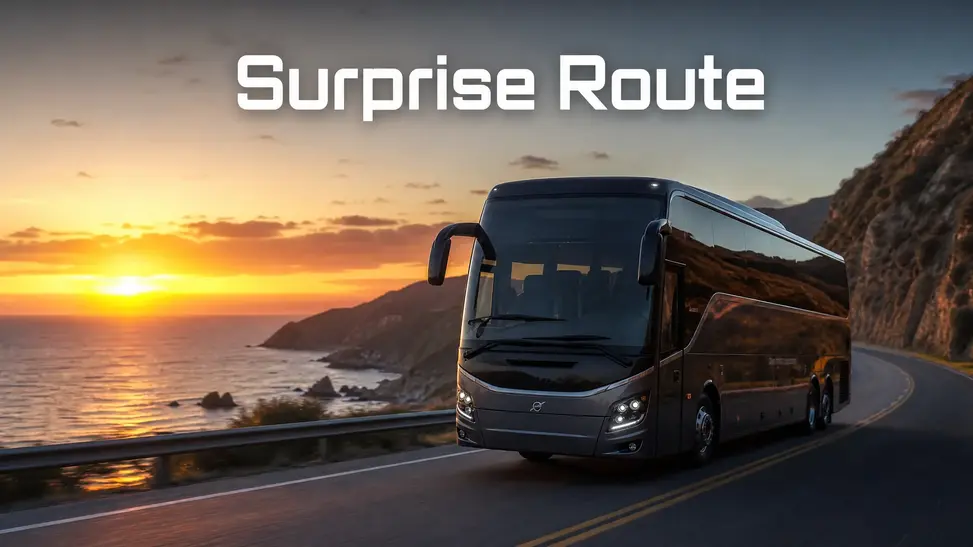 Yeh image ek luxury coach bus ko sunset ke waqt dikhati hai, jo Surprise Routes ki excitement aur variety ko represent karti hai.