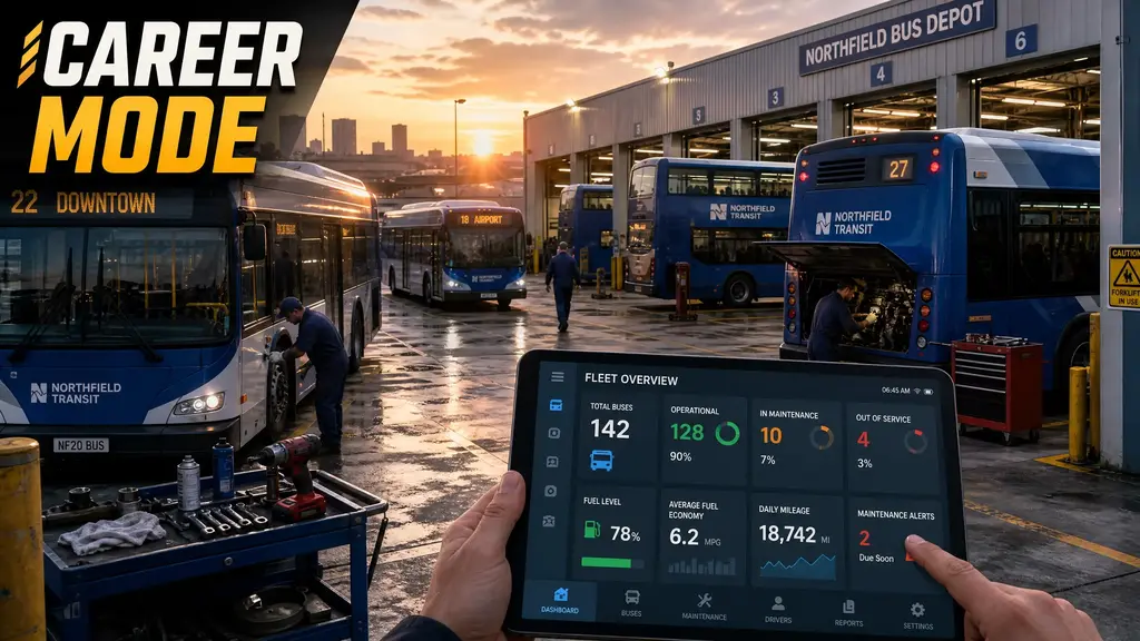 Bus depot management interface for Career Mode.