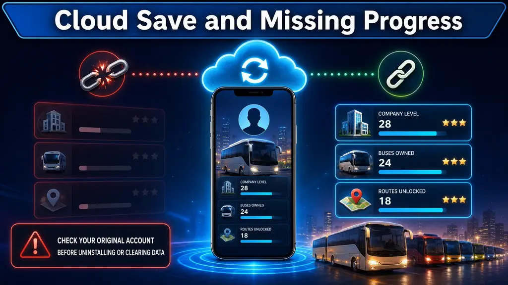 Bus Simulator Ultimate cloud save and missing progress shown with a smartphone, buses and sync icons