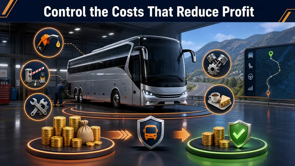Bus Simulator Ultimate bus surrounded by fuel, toll, maintenance, repair, and catering cost symbols.