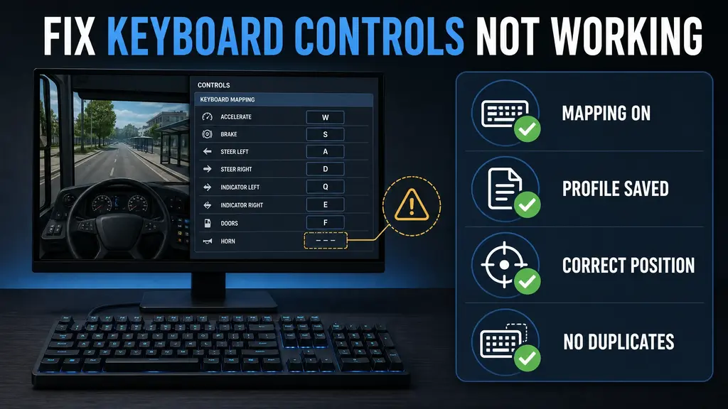 A troubleshooting visual showing keymapping checks, saved profiles, correct control positions, and duplicate-key checks.