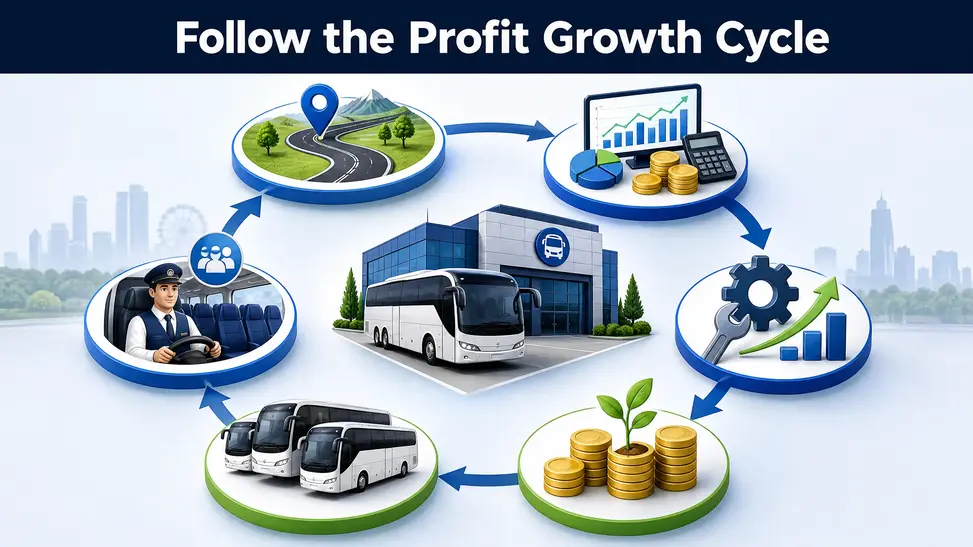 Bus Simulator Ultimate profit cycle showing routes, measurement, improvement, reinvestment, fleet expansion, and drivers.