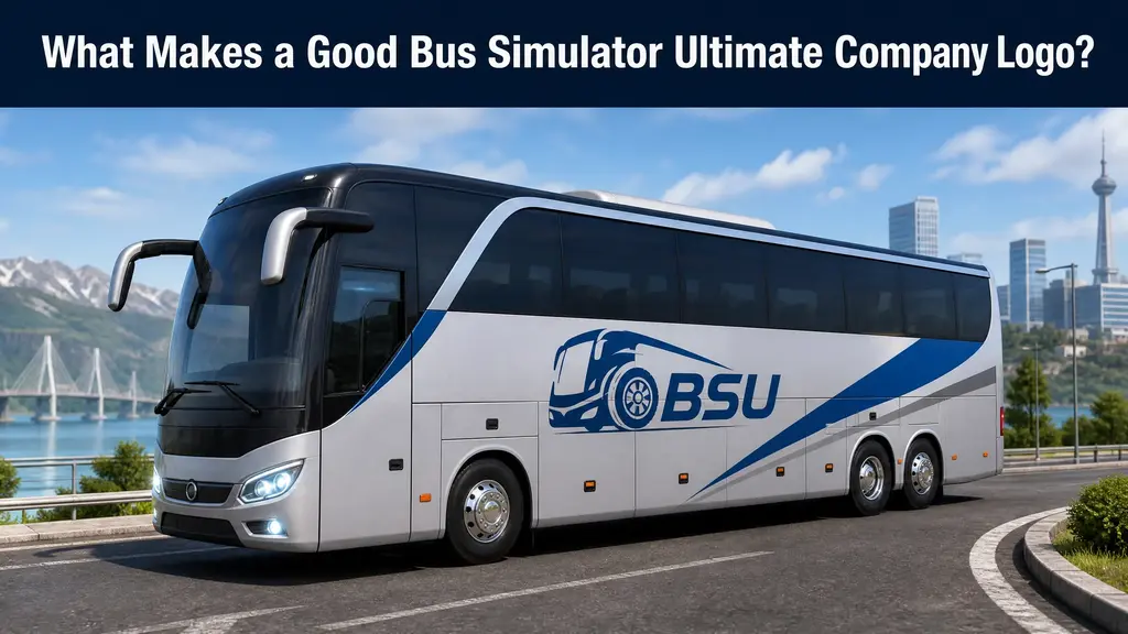 Modern Bus Simulator Ultimate coach bus with a clear blue and white company logo on its side.