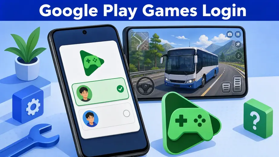 Google Play Games login screen with the correct account selected for Bus Simulator Ultimate