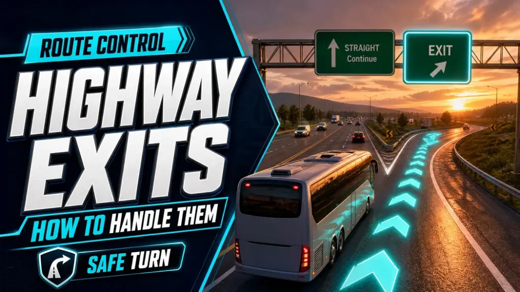 Bus Simulator Ultimate coach bus approaching a highway exit with glowing route guidance.